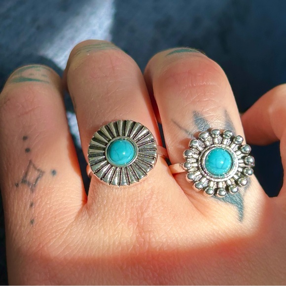 Bohemian Shabby Chic Faux Turquoise Statement Ring Set Trendy Unique 7.5/8 - Picture 2 of 7